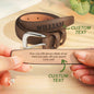 Alloy buckle detail on personalised men's PU leather belt with brushed finish — durable fastening for everyday wear