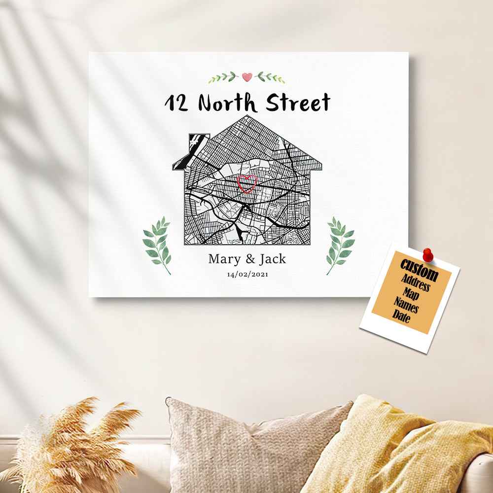 Personalized New Home Map Canvas Custom House Shape Wall Decor Housewarming Gift Christmas Gift