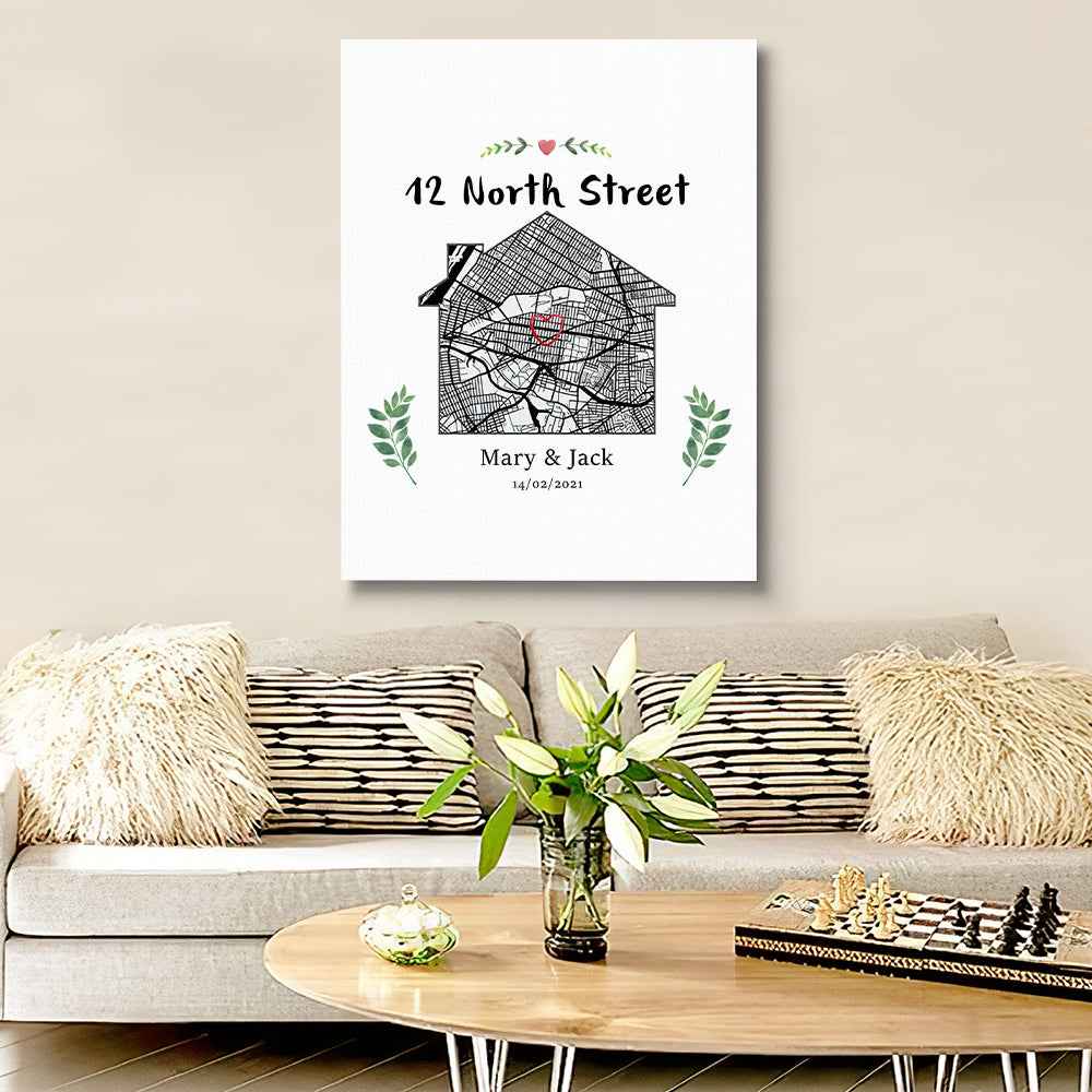Personalized New Home Map Canvas Custom House Shape Wall Decor Housewarming Gift Christmas Gift
