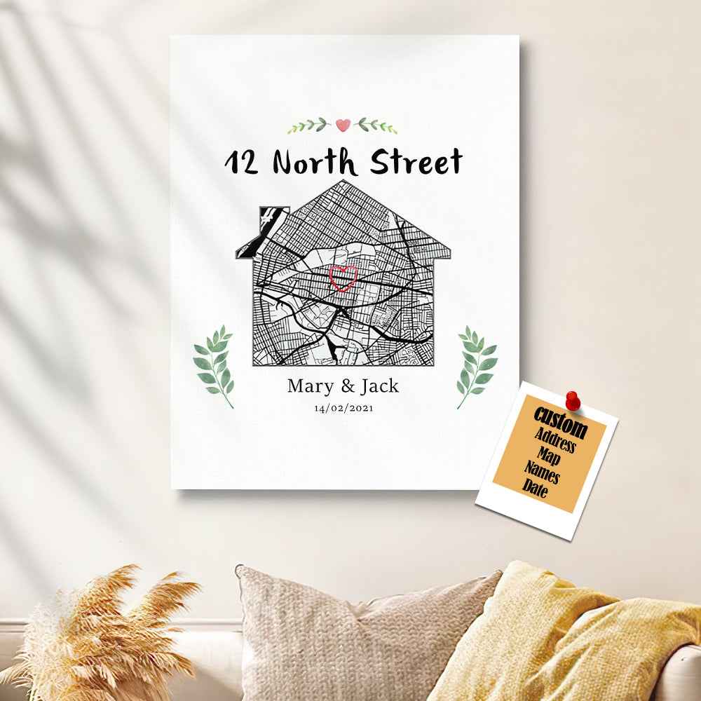 Personalized New Home Map Canvas Custom House Shape Wall Decor Housewarming Gift Christmas Gift