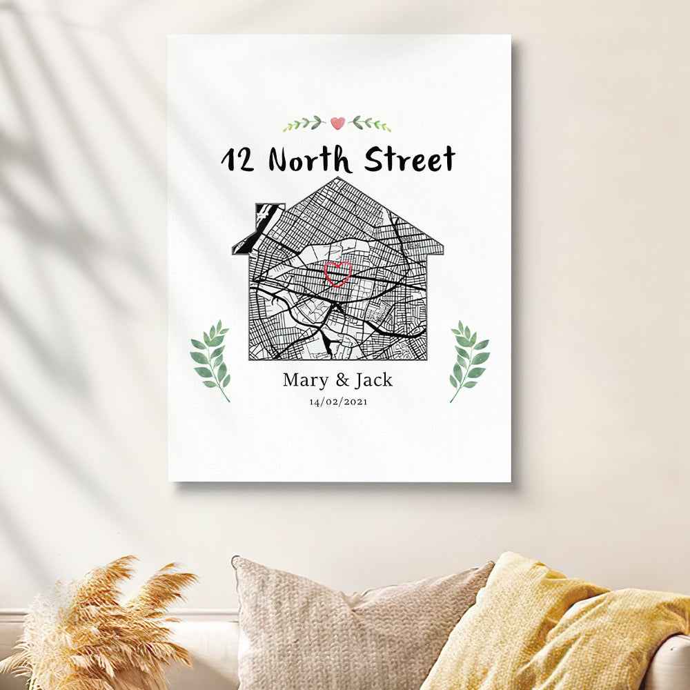 Personalized New Home Map Canvas Custom House Shape Wall Decor Housewarming Gift Christmas Gift