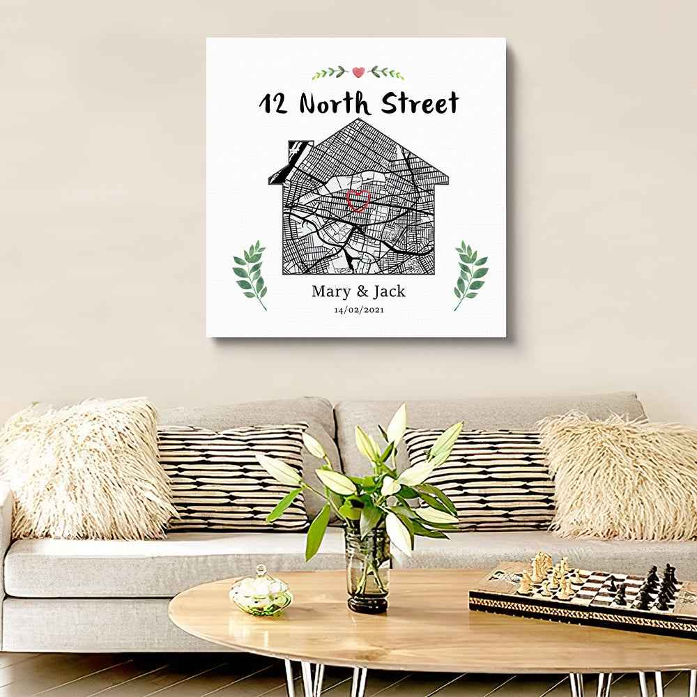 Personalized New Home Map Canvas Custom House Shape Wall Decor Housewarming Gift Christmas Gift