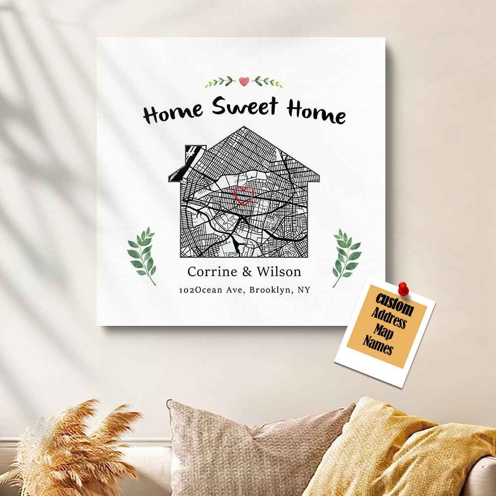 Personalized New Home Map Canvas Sweet Home Map Housewarming Gift Custom Moving Art Christmas Gift