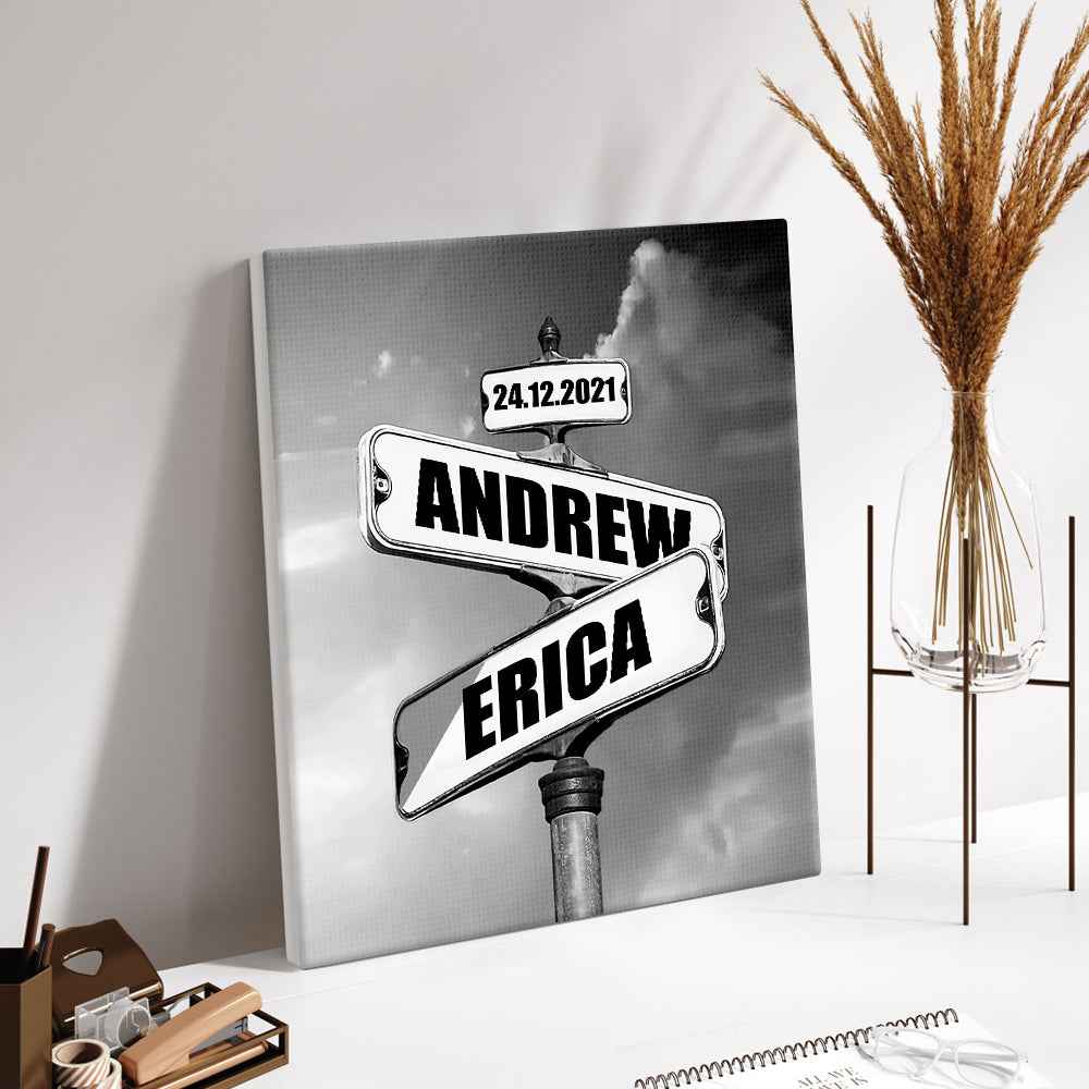 Personalized Name Canvas With Year Date Vintage Crossroad Street Sign Canvas Anniversary Gift For Couples