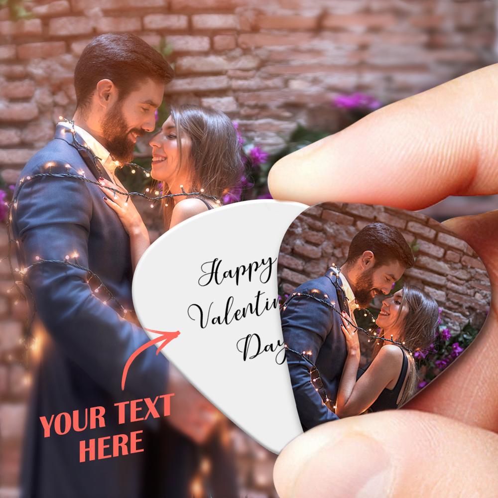 Personalised guitar pick displayed to show vibrant photo print and classic triangular shape — custom guitar pick ideal as a personalised photo gift