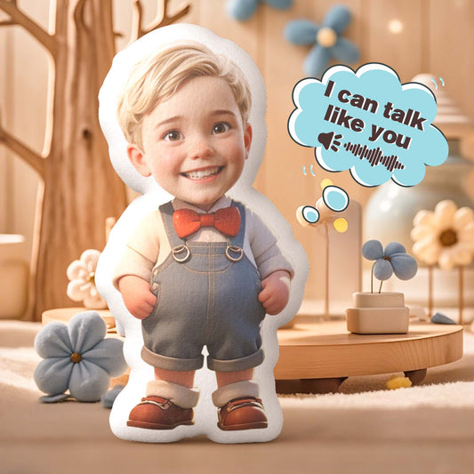 Personalised Head Recording Soothing Doll front view with custom face photo — soft fabric custom comfort toy that plays your recorded message