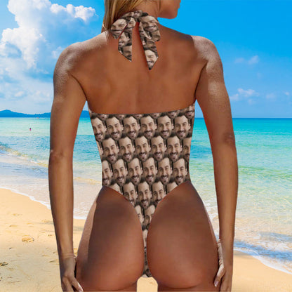 Model wearing personalised face halter one-piece swimsuit — unique summer gift for her, ideal personalised keepsake