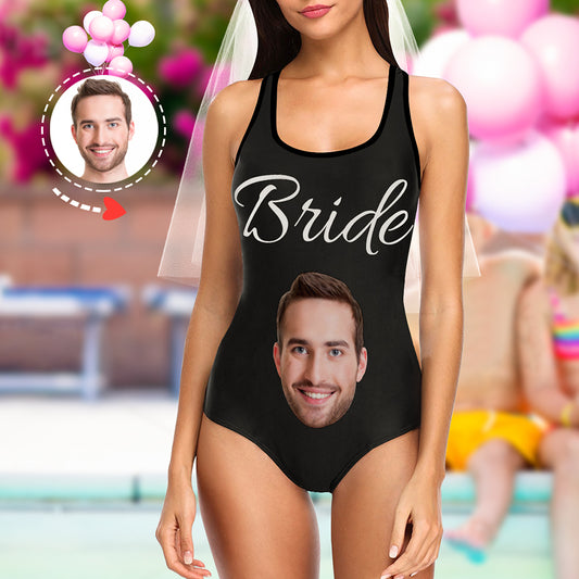 Front view of a personalised custom face one-shoulder one-piece swimsuit with name text — personalised one-piece swimwear ideal as a photo gift