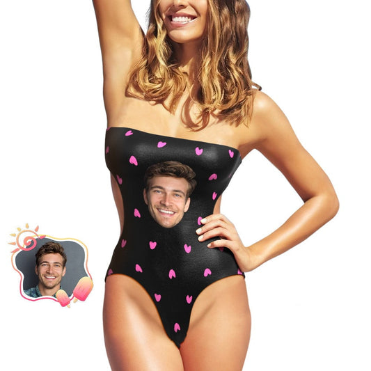 Front view of personalised strapless heart swimsuit featuring a cropped custom face print — Custom Face Swimsuit, personalised photo swimwear and gift for her