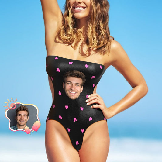 Front view of personalised strapless heart swimsuit featuring a cropped custom face print — Custom Face Swimsuit, personalised photo swimwear and gift for her