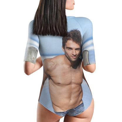 Side view of custom photo half-sleeve swimsuit showing flattering cut and all-over personalised print — perfect for holidays and pool days