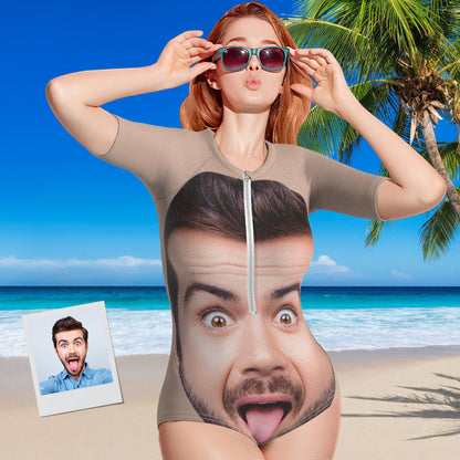 Close-up of high-resolution custom face print and superfine polyester texture on personalised one-piece swimsuit — vivid, durable print
