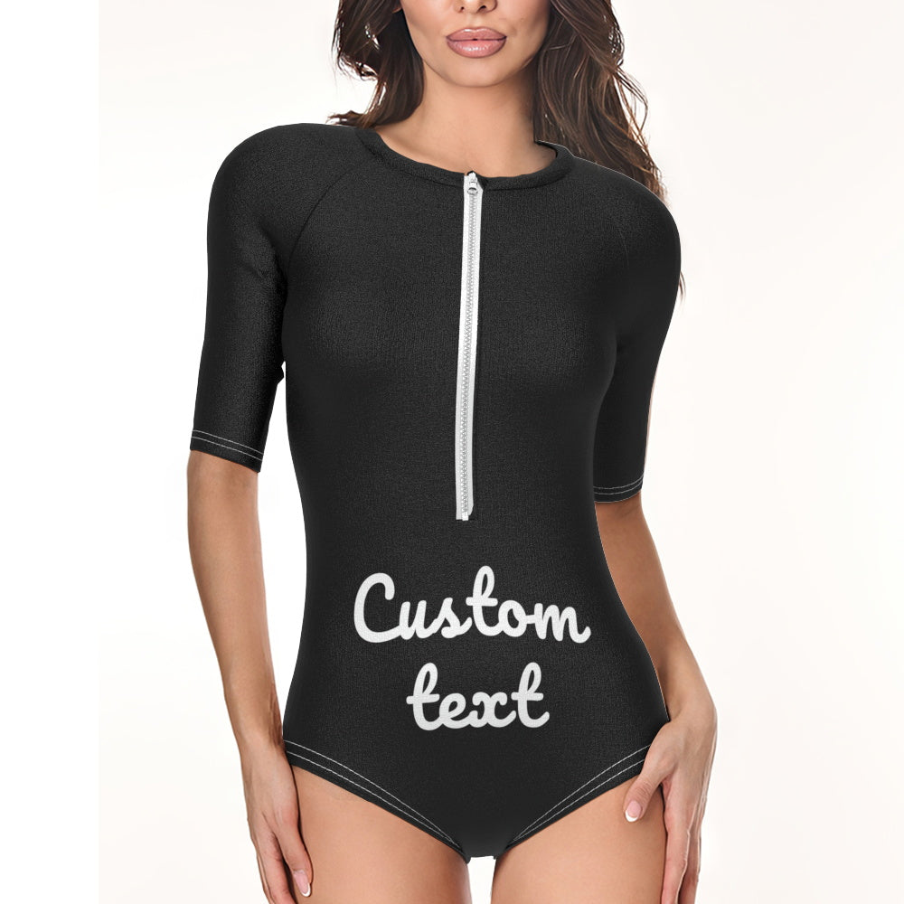 Personalised half-sleeve one-piece swimsuit, side view showing fit and sun‑protecting sleeves — custom photo swimwear