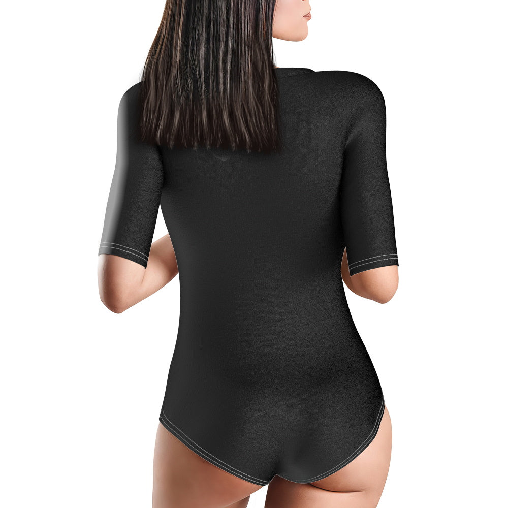 Personalised half-sleeve one-piece swimsuit, back view highlighting full coverage and stretch polyester fabric — custom swimwear