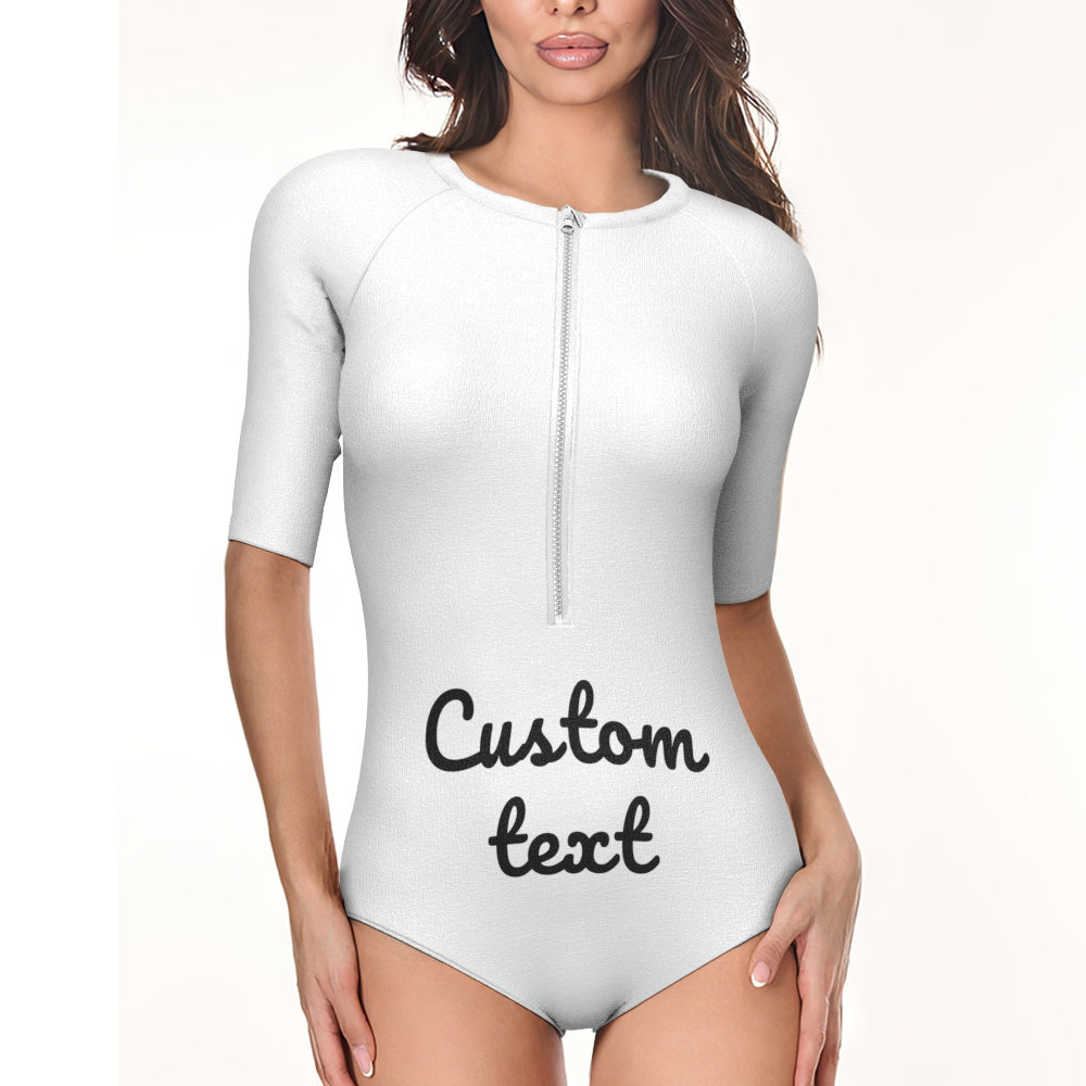 Side angle of personalised half-sleeve one-piece swimsuit showing tailored fit and sleeve length — custom photo swimwear