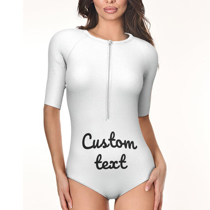 Side angle of personalised half-sleeve one-piece swimsuit showing tailored fit and sleeve length — custom photo swimwear