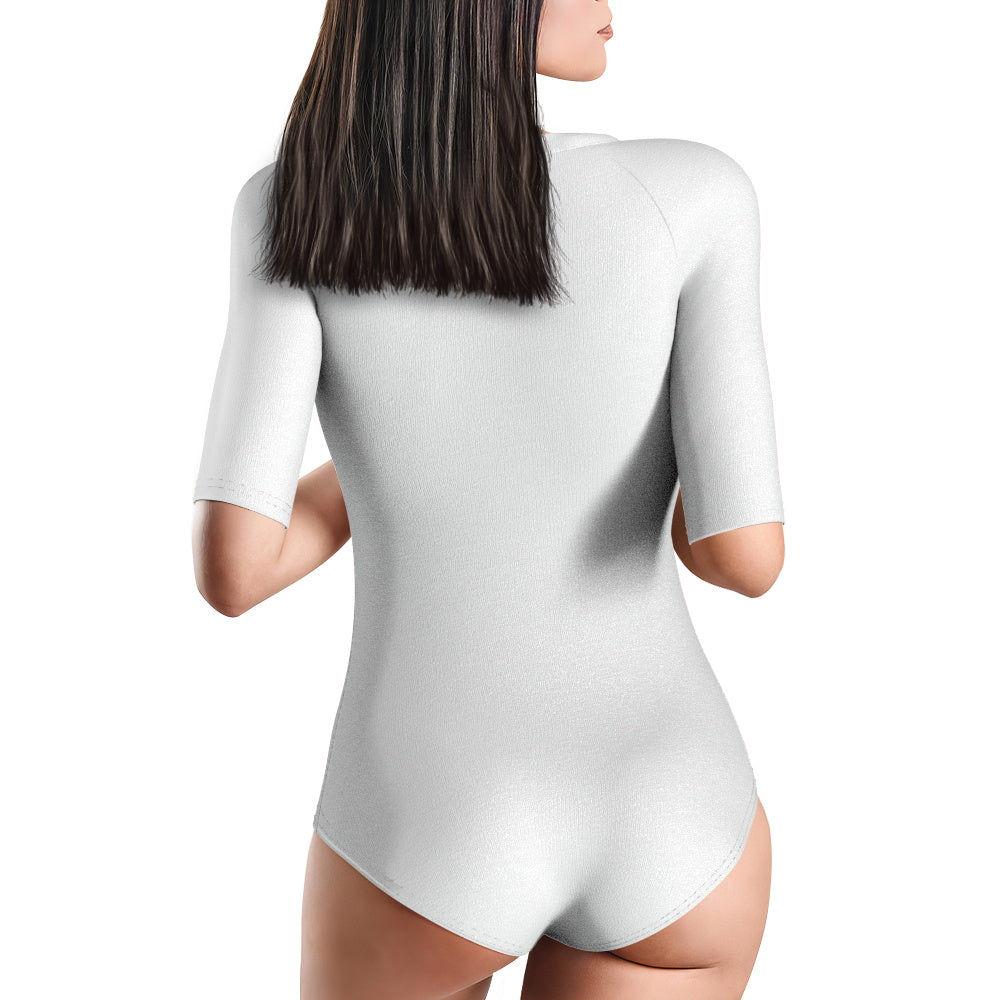 Back view of personalised half-sleeve one-piece swimsuit, showcasing coverage and print placement — personalised swimwear