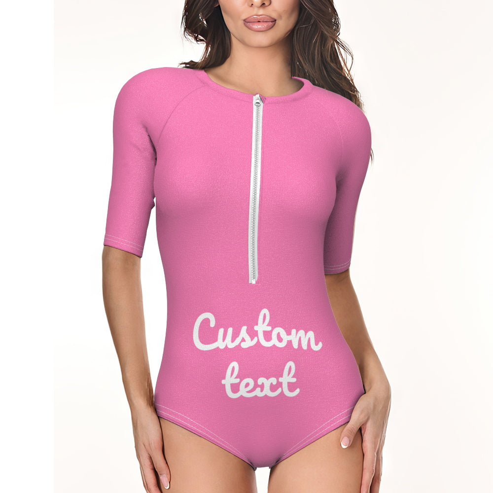 Side profile of personalised half-sleeve one-piece swimsuit showing flattering cut and sun protection sleeves