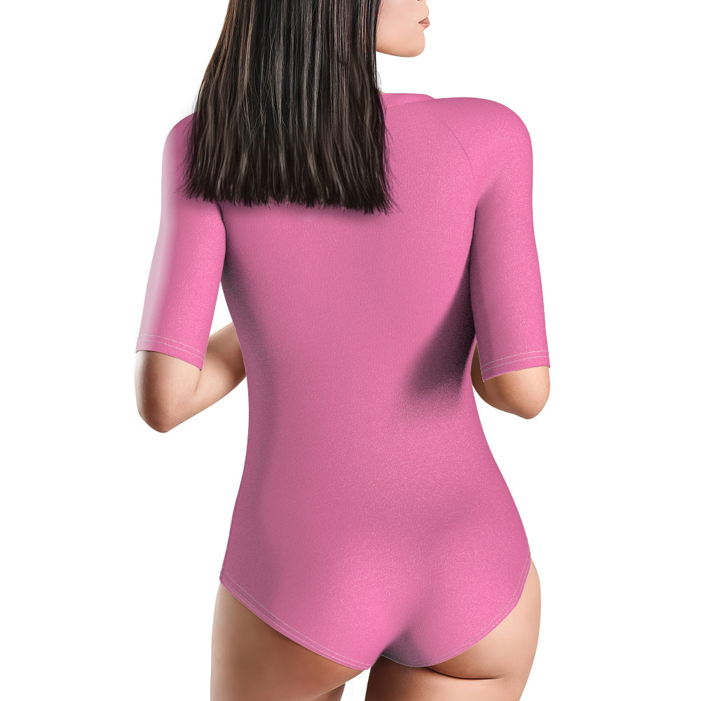 Rear view of personalised half-sleeve one-piece swimsuit demonstrating full coverage and print continuity — custom swimwear