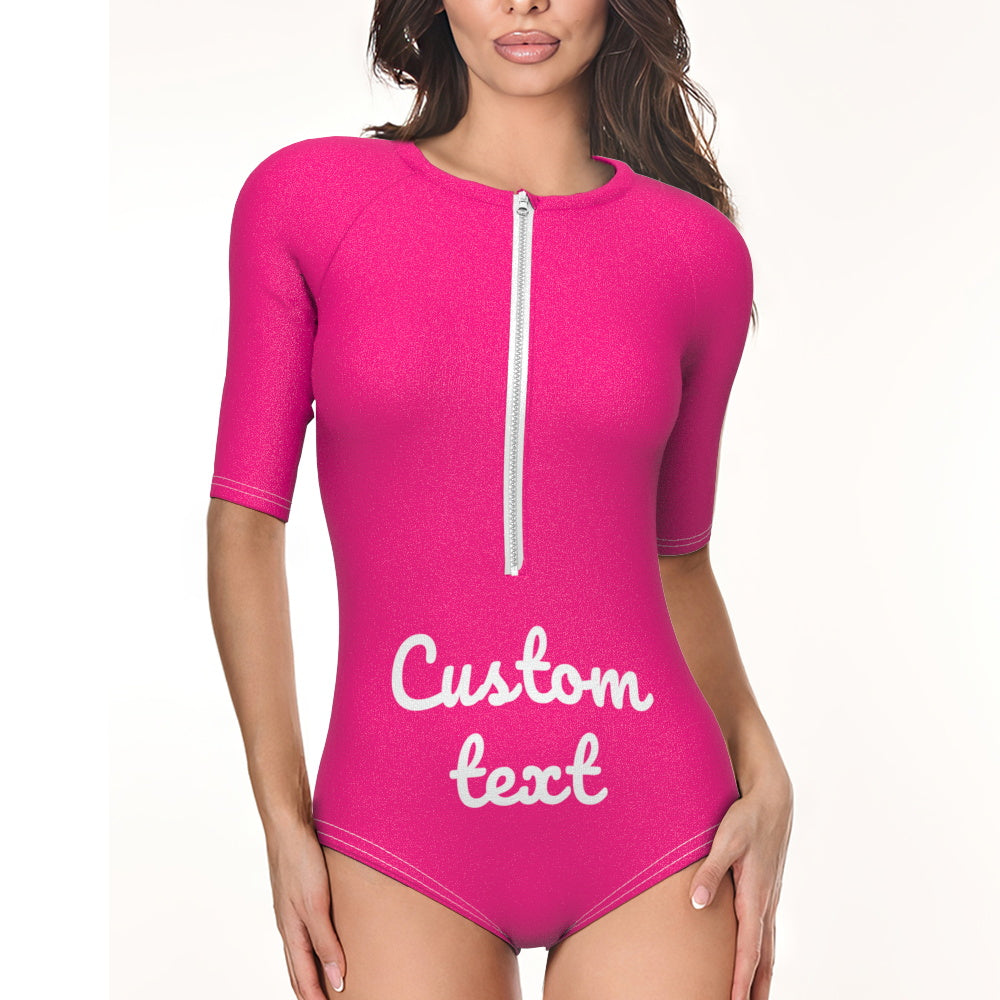 Side view of personalised half-sleeve one-piece swimsuit highlighting sleeve length and snug fit — custom photo swimwear