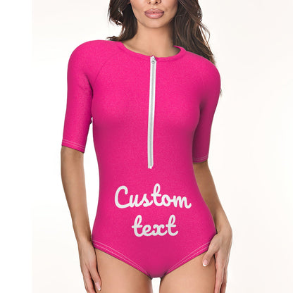 Side view of personalised half-sleeve one-piece swimsuit highlighting sleeve length and snug fit — custom photo swimwear