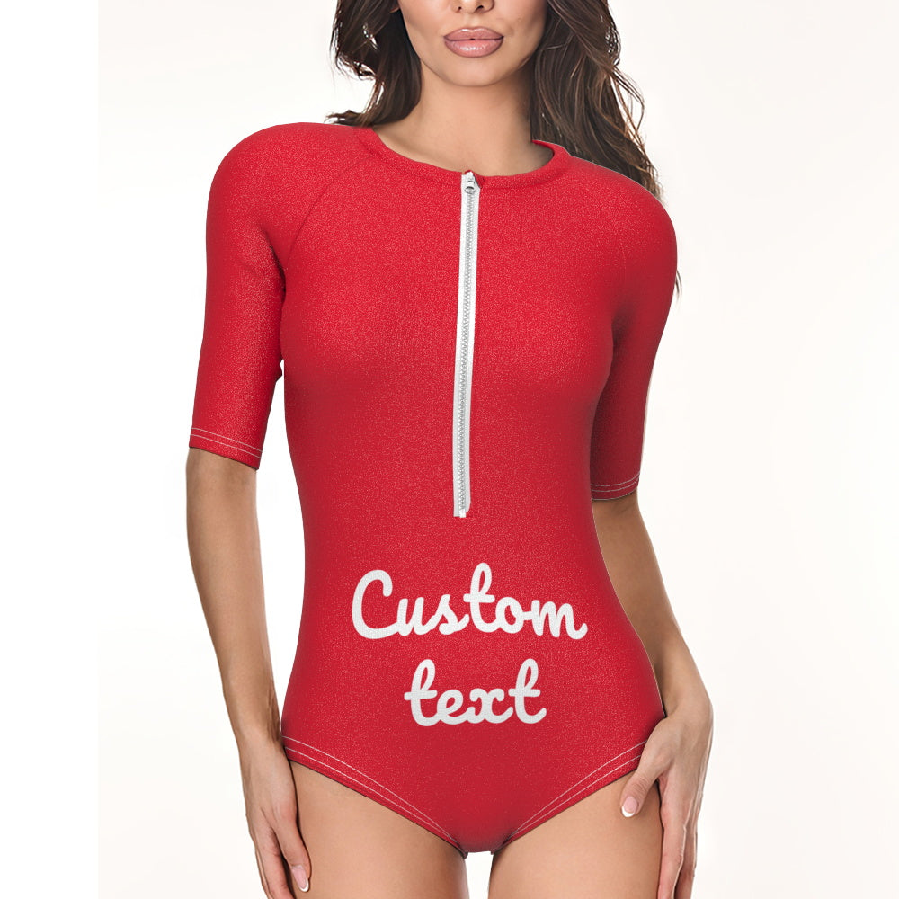 Side shot of personalised half-sleeve one-piece swimsuit showing silhouette and sleeve coverage for sun protection