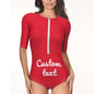 Side shot of personalised half-sleeve one-piece swimsuit showing silhouette and sleeve coverage for sun protection