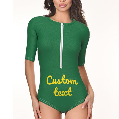 Side profile of personalised half-sleeve one-piece swimsuit showing fit and half‑sleeve coverage — custom swimwear