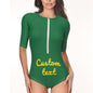 Side profile of personalised half-sleeve one-piece swimsuit showing fit and half‑sleeve coverage — custom swimwear