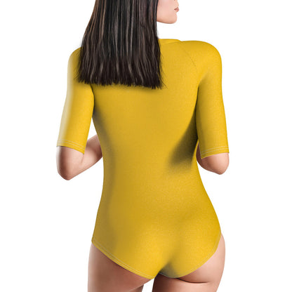 Back view of personalised half-sleeve one-piece swimsuit showing full coverage and print placement — personalised swimwear