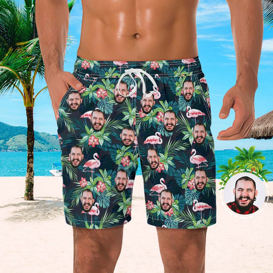 Men's Personalised Flamingo Beach Shorts — front view of custom face swim trunks in vibrant Hawaii style with playful flamingos; 100% polyester, fast-drying personalised face beach shorts, ideal novelty gift for him