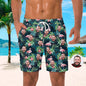 Men's Personalised Flamingo Beach Shorts — front view of custom face swim trunks in vibrant Hawaii style with playful flamingos; 100% polyester, fast-drying personalised face beach shorts, ideal novelty gift for him
