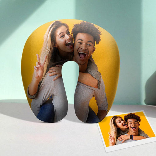 Customised photo U-shaped travel neck pillow with memory-foam core and removable cover; personalised full-colour print on the pillowcase (front and/or back).