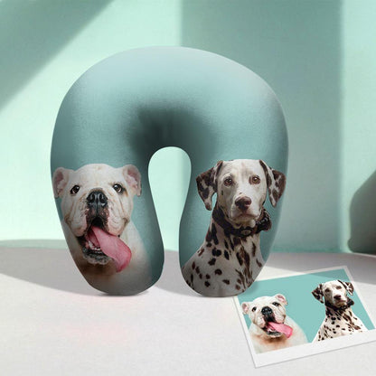 Memory-foam travel neck pillow shown with removable cover and clear print on the case.