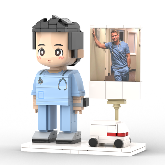Personalised full-body brick figure (single person) in doctor theme — front view of a custom photo gift in light nougat ABS showing hairstyle, expression and medical outfit