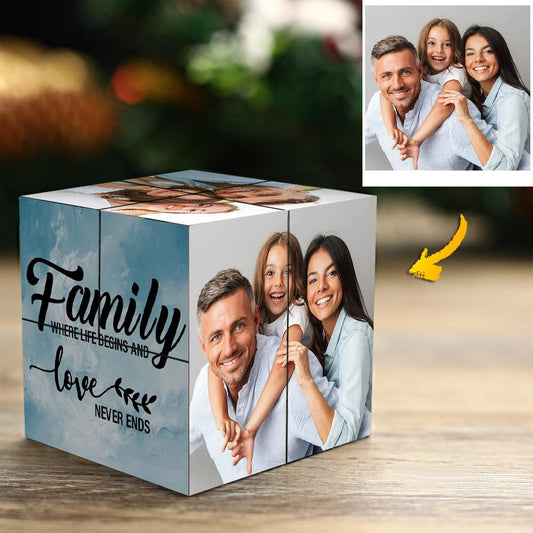 Personalised Photo Magic Cube front view displaying family photos with a subtle sketch effect — custom multiphoto frame gift and compact handmade keepsake