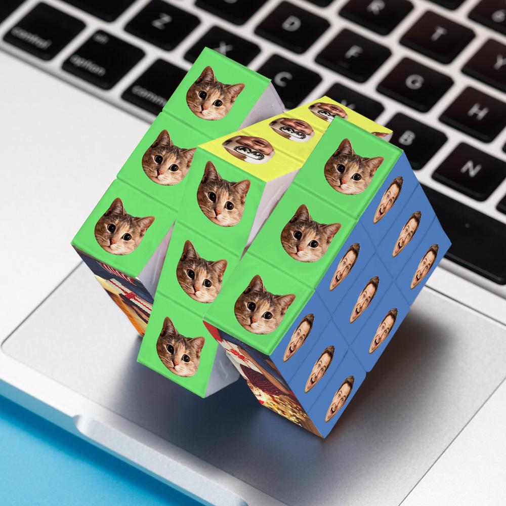Close-up of Personalised Photo Face Cube showing portrait photos and personalised text, crisp VU HD printing