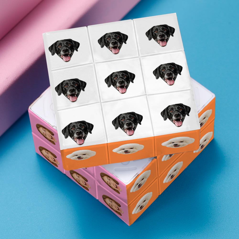 Hand-held Personalised Photo Cube displaying family portraits — custom multiphoto magic cube gift for parents and grandparents