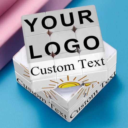 Personalised three-level 3x3 Rubik-style photo cube showing custom photos with sketch effect — handmade personalised gift with custom logo and text