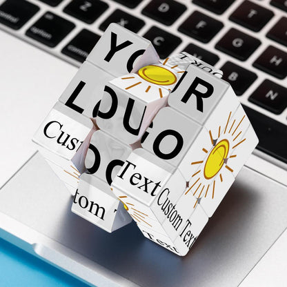Handmade personalised 3x3 photo cube angled to display custom engraved text and logo — ideal wedding, anniversary or Father's Day gift