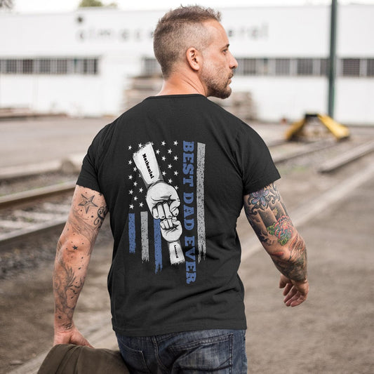 Personalised fist bump T-shirt with custom engraved back print — ideal Father’s Day gift