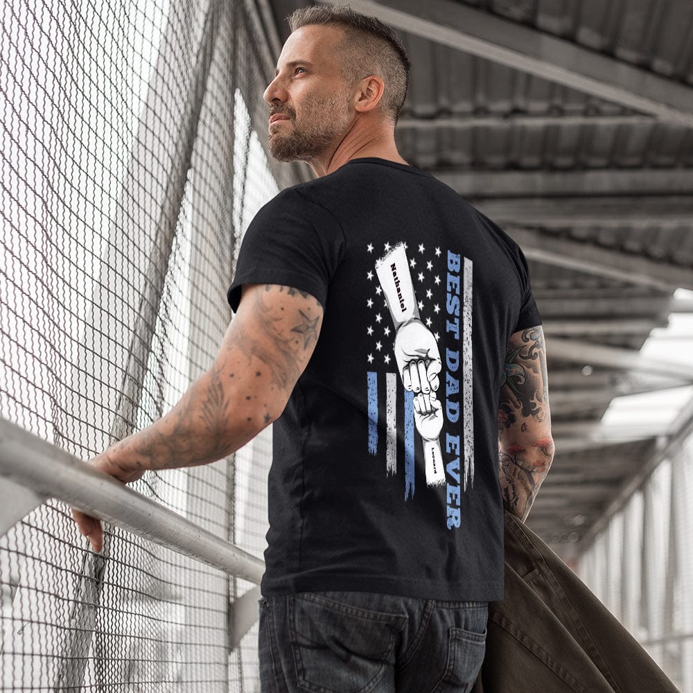 Close-up of personalised fist bump T-shirt showing detailed engraved back print from a high-resolution photo