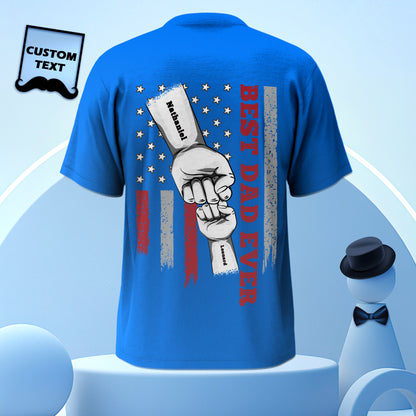 Rear view of personalised fist bump T-shirt with custom text engraving and optional bespoke label