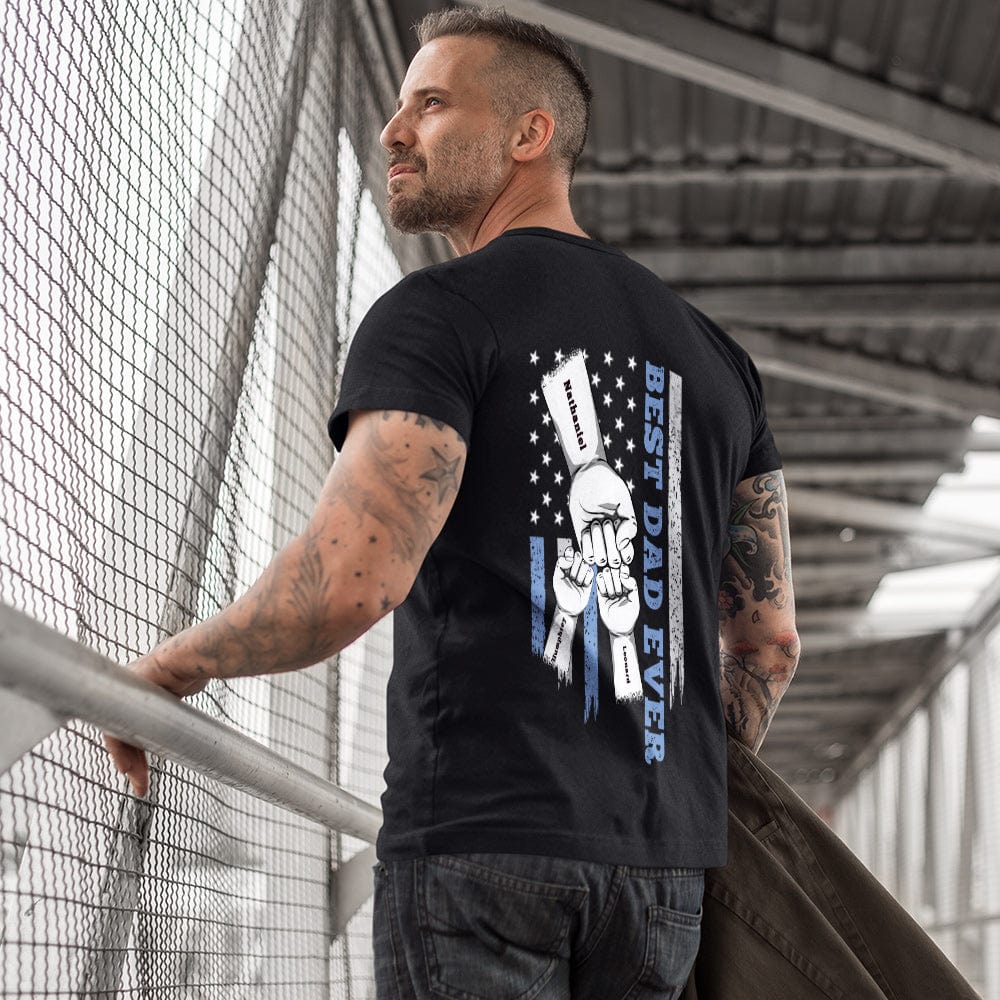 Side profile of personalised fist bump T-shirt showing fit and engraved back placement