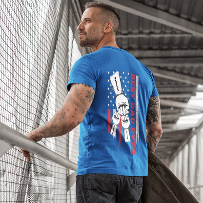 Close-up of stitched collar and custom label option on personalised fist bump T-shirt