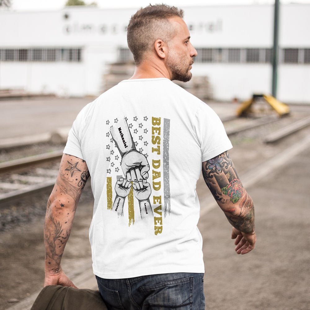 Family gift concept: personalised fist bump T-shirt for Father’s Day with custom engraved back print