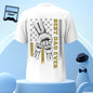 Model close-up wearing personalised fist bump T-shirt with engraved back typography and clear photo print