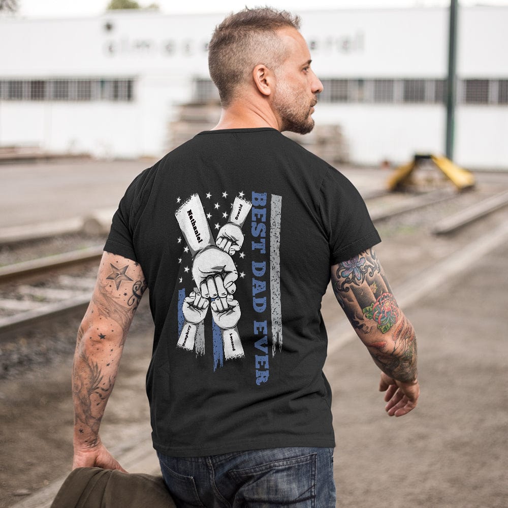 Monochrome mock-up of personalised fist bump T-shirt highlighting engraved back artwork contrast