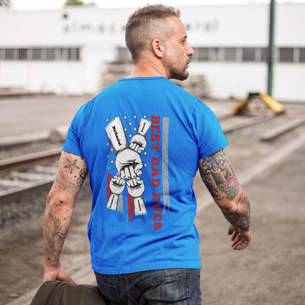 Three-quarter rear view of personalised fist bump T-shirt showing exact placement of engraved print