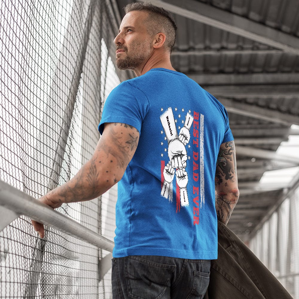 Close-up of custom engraved text on the back of a personalised fist bump T-shirt